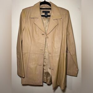 Dialogue Beige Leather Button-Front Trench Coat